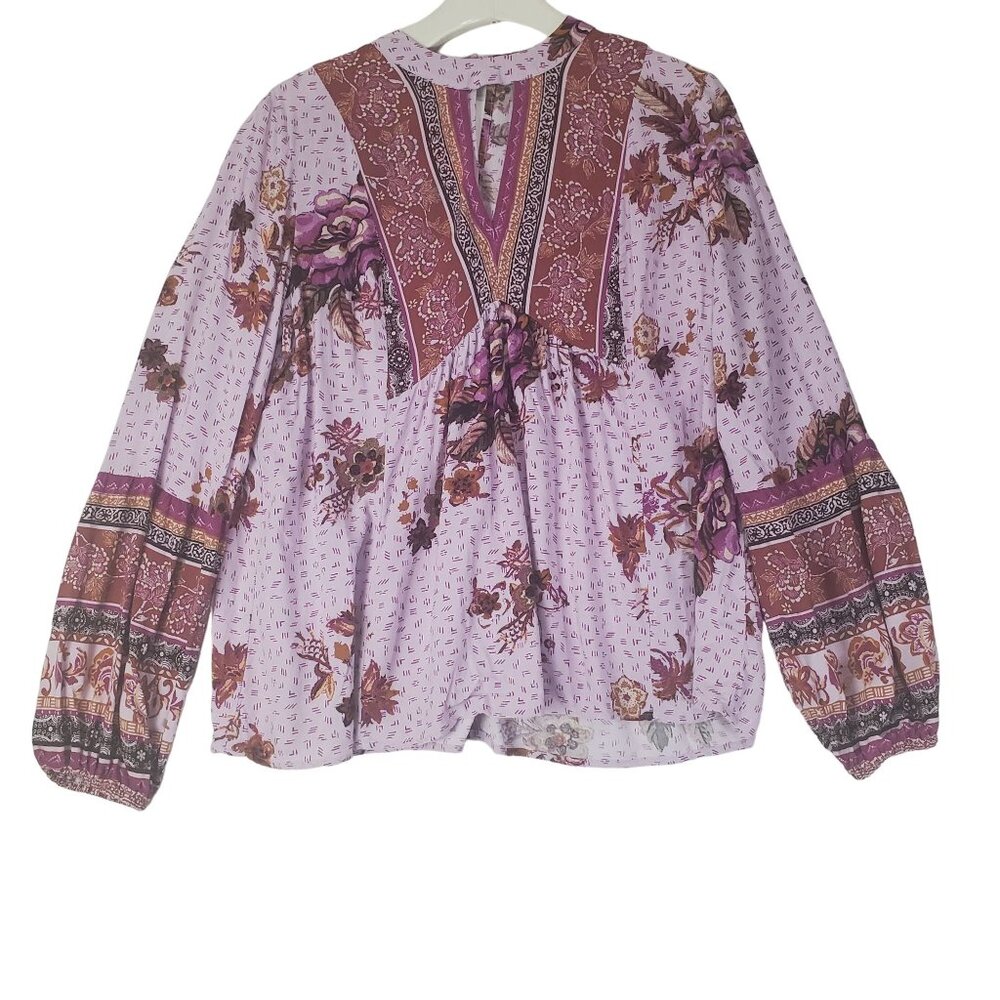 MAURICES Womens Blouse Medium Mix Media Purple Floral Boho‎ V-Neck Long Sleeves